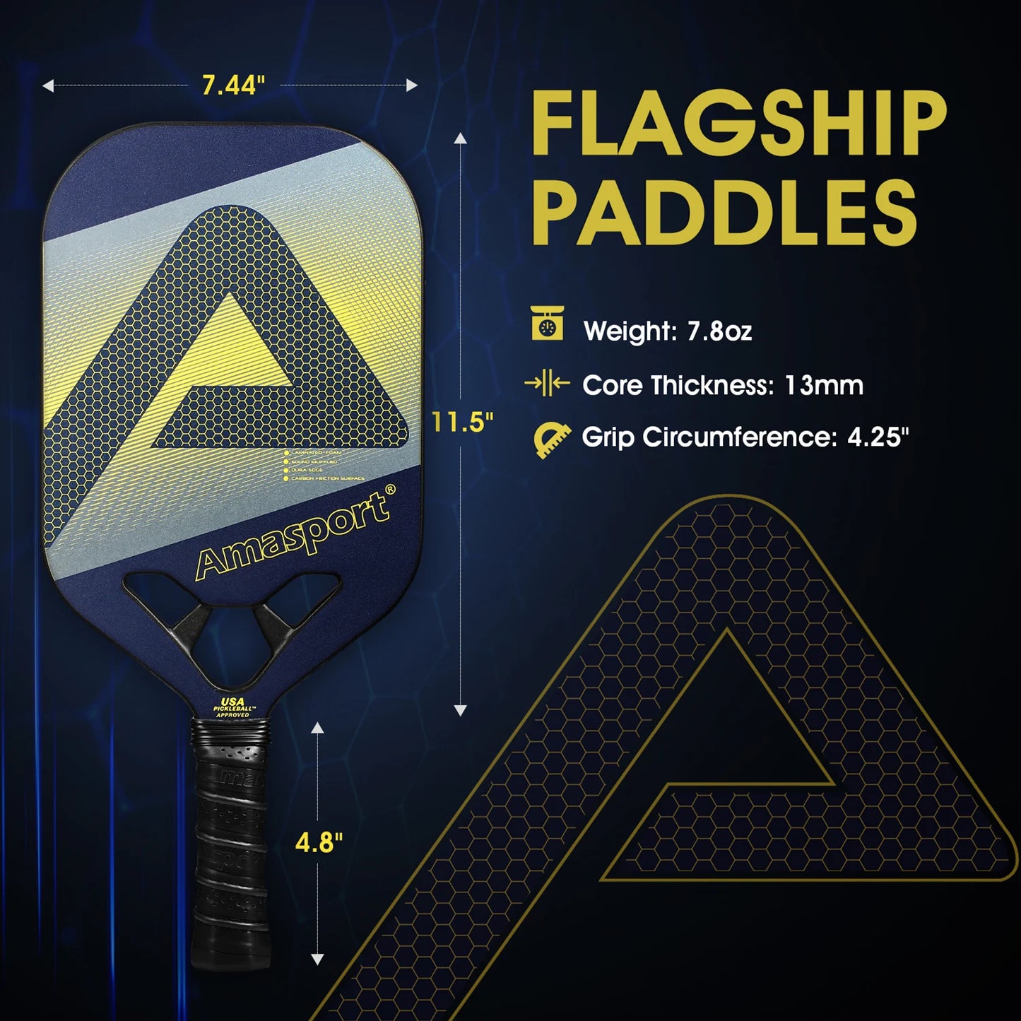 AMASPORT Pickleball Paddle Carbon Fiber Graphite Textured Surface Diamond Cutting Pickleball Elongated Rackets with Large Sweet